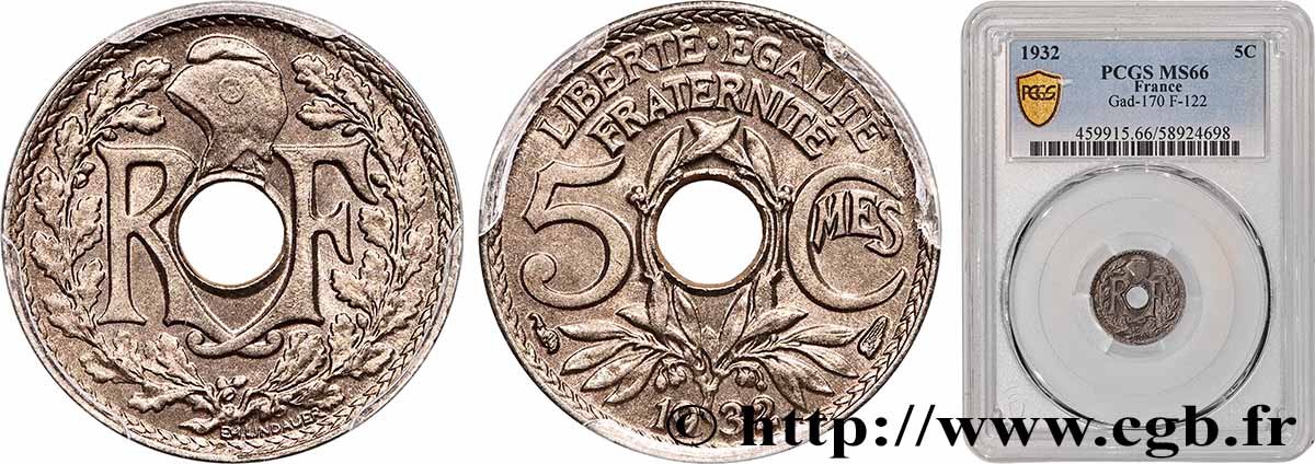 5 centimes Lindauer, petit module 1932 Paris F.122/15 FDC66 PCGS