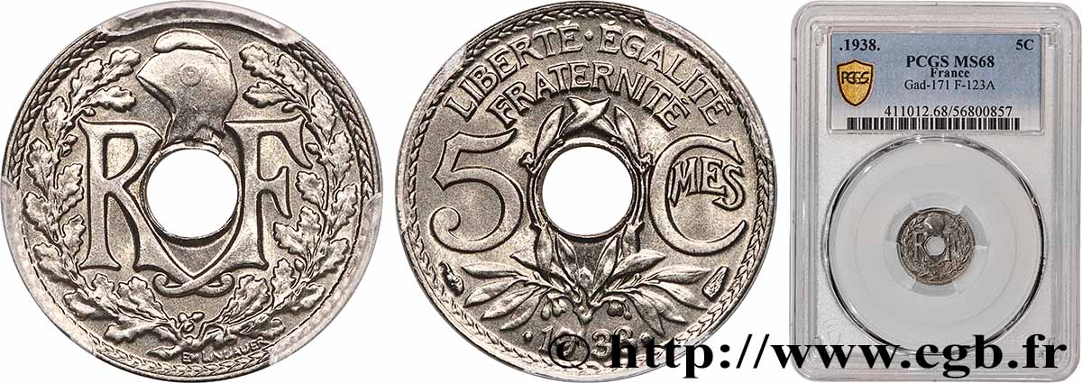 5 centimes Lindauer, maillechort 1938 Paris F.123A/2 FDC68 PCGS