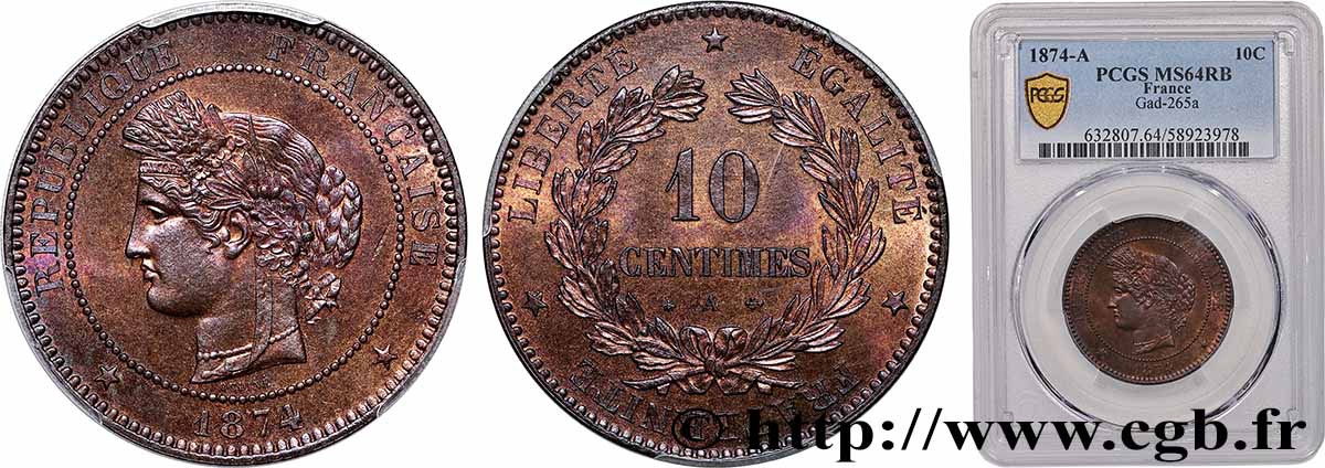 10 centimes Cérès 1874 Paris F.135/12 MS64 PCGS