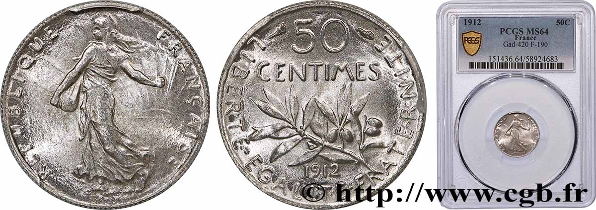 50 centimes Semeuse 1912 Paris F.190/19 SPL64 PCGS