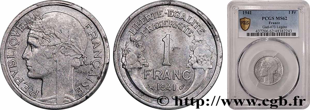 1 franc Morlon, légère 1941 Paris F.221/2 MS62 PCGS