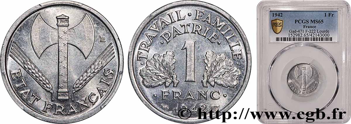 1 franc Francisque, lourde 1942 Paris F.222/3 MS65 PCGS