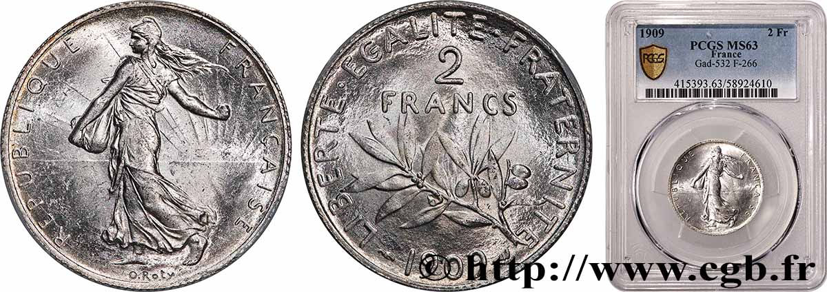 2 francs Semeuse 1909  F.266/11 SPL63 PCGS