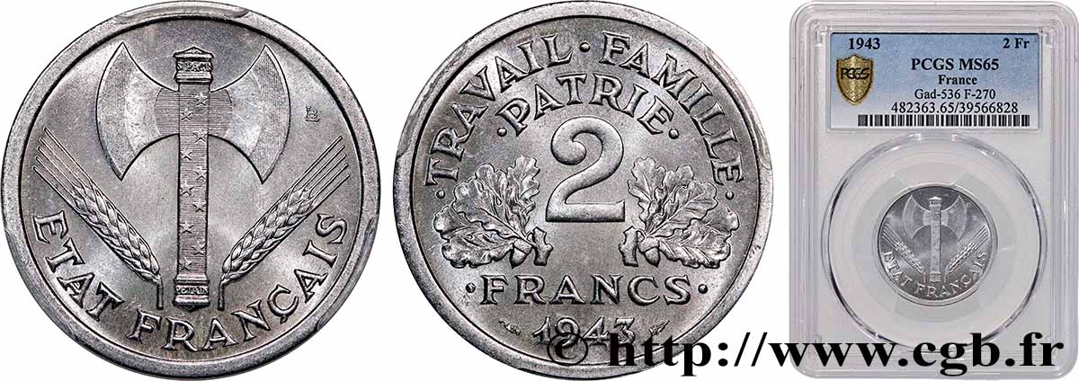 2 francs Francisque 1943  F.270/2 MS65 PCGS