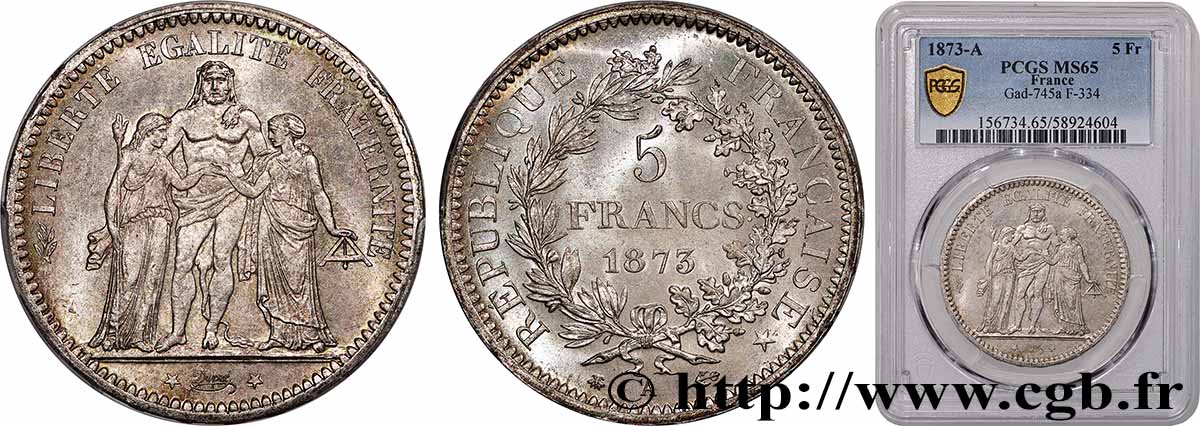 5 francs Hercule 1873 Paris F.334/9 FDC65 PCGS