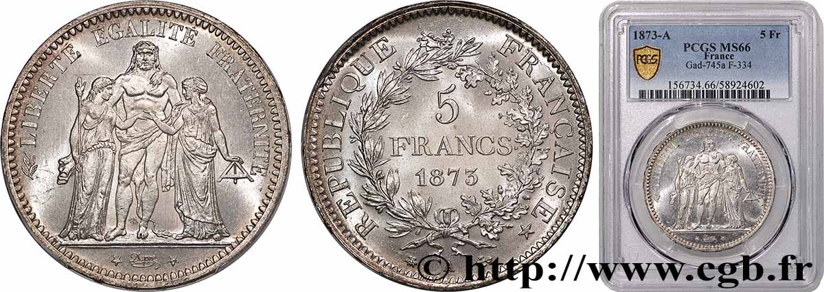 5 francs Hercule 1873 Paris F.334/9 FDC66 PCGS