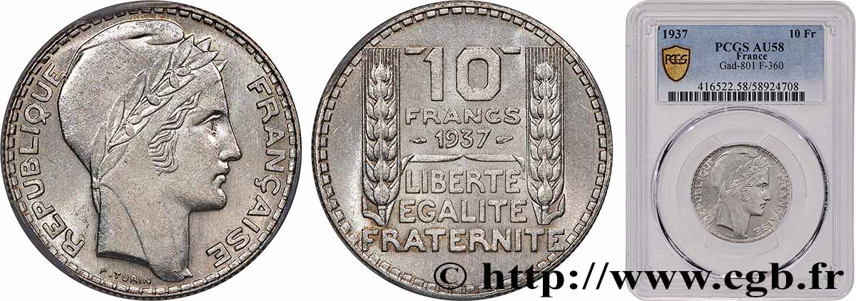 10 francs Turin 1937  F.360/8 AU58 PCGS