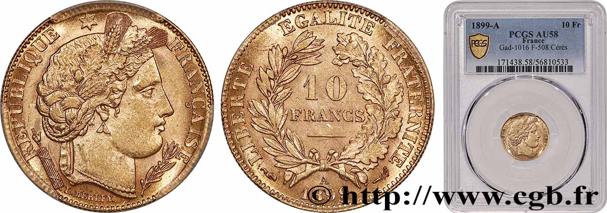 10 francs or Cérès, Troisième République 1899 Paris F.508/5 SPL58 PCGS