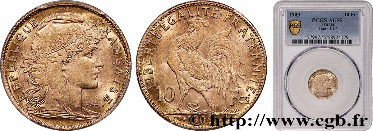 10 francs or Coq 1909 Paris F.509/10 AU55 PCGS