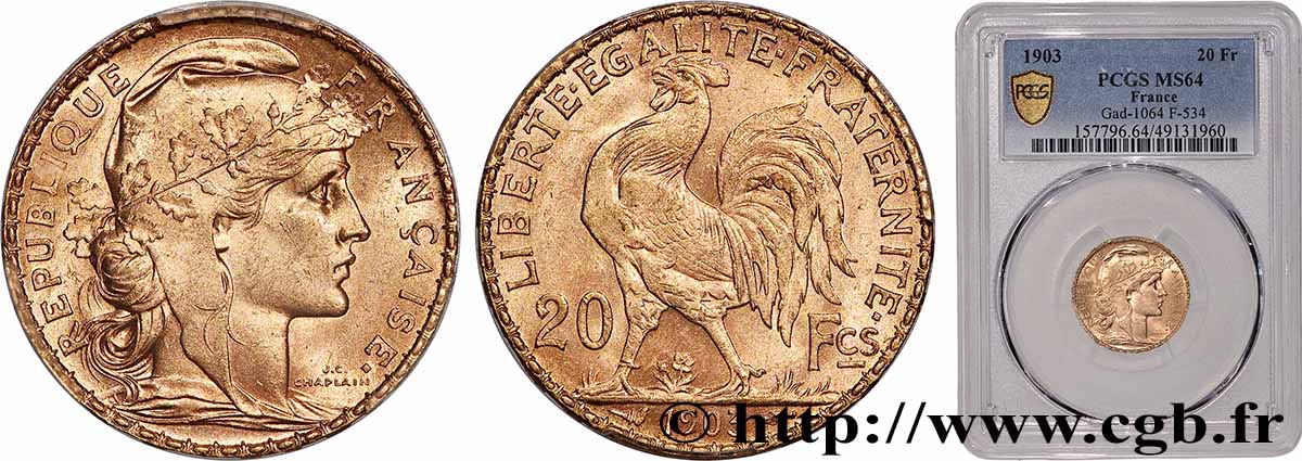 20 francs or Coq, Dieu protège la France 1903 Paris F.534/8 SPL64 PCGS