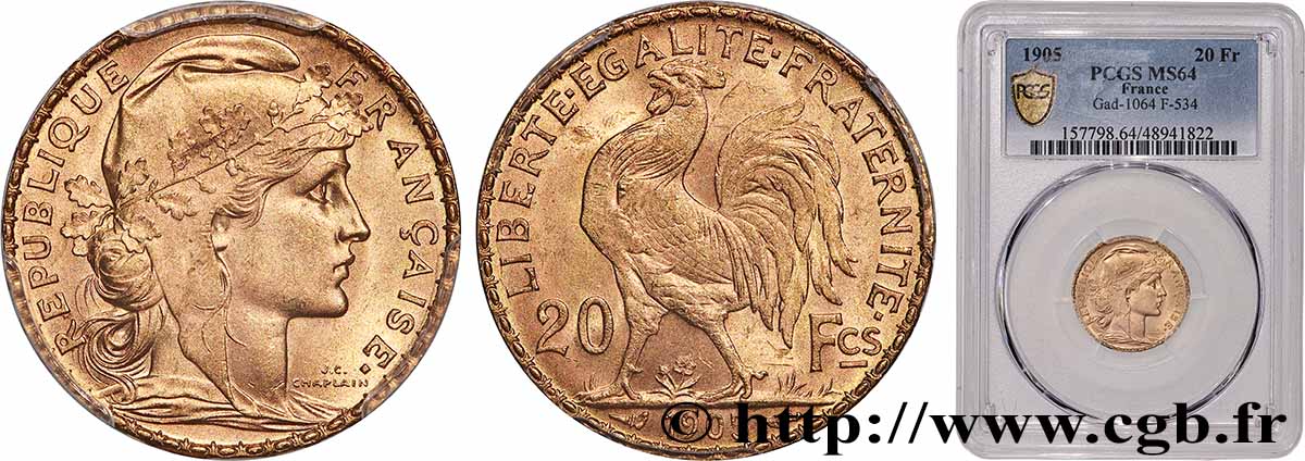 20 francs or Coq, Dieu protège la France 1905 Paris F.534/10 MS64 PCGS