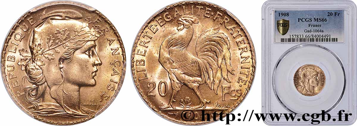 20 francs or Coq, Liberté Égalité Fraternité 1908 Paris F.535/2 FDC66 PCGS