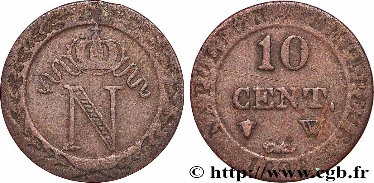 Faux de 10 cent. à l&nbsp;N couronnée 1808 Lille F.130/9 var. fSS 