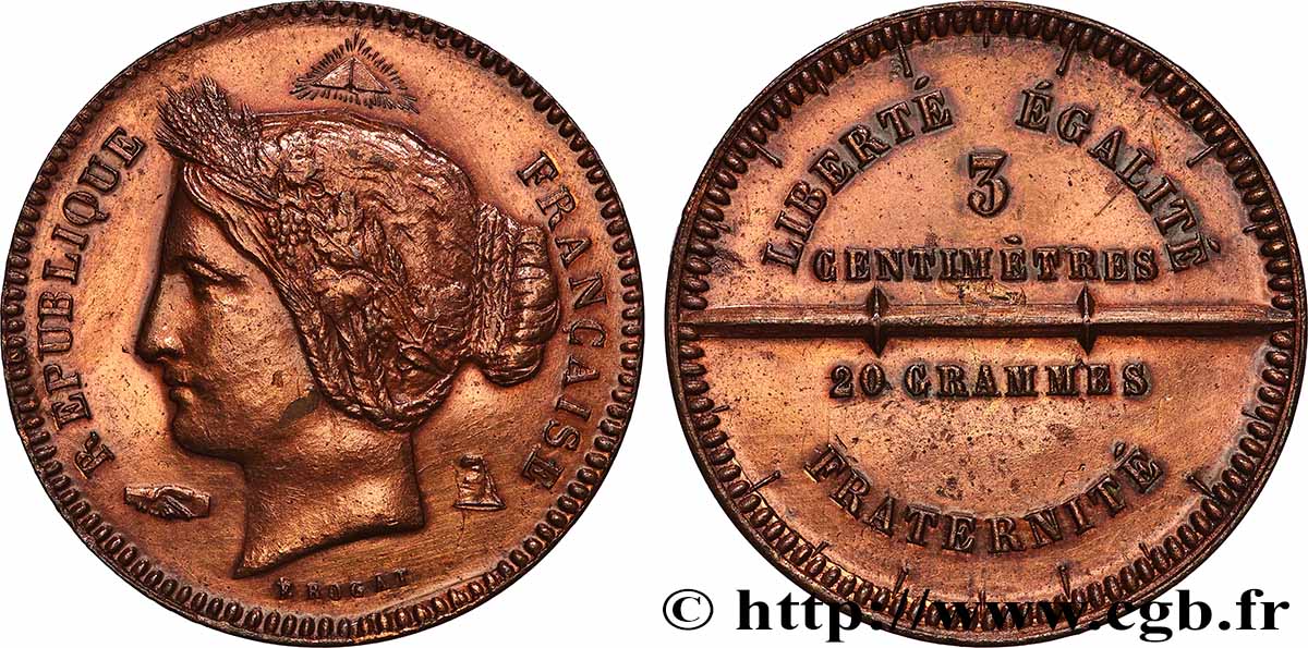 Concours de 10 centimes, essai en cuivre par Rogat, premier concours, cinquième revers 1848 Paris VG.3204  AU 