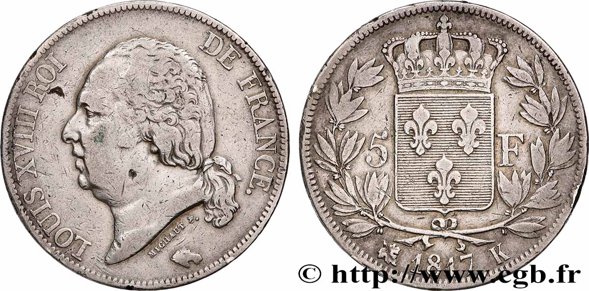 5 francs Louis XVIII, tête nue 1817 Bordeaux F.309/21 MB 