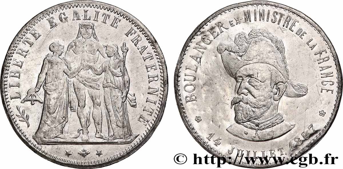 Monnaie de propagande pour le Général Boulanger au module et au type de 5 francs Hercule 1887  Schw.fig.27 p.510 TB+ 