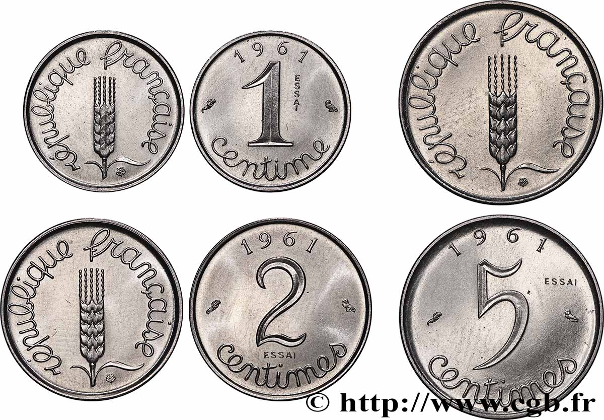 Série de trois essais de 1, 2 et 5 centimes acier, type Épi 1961 Paris F.106/3 SPL/FDC 