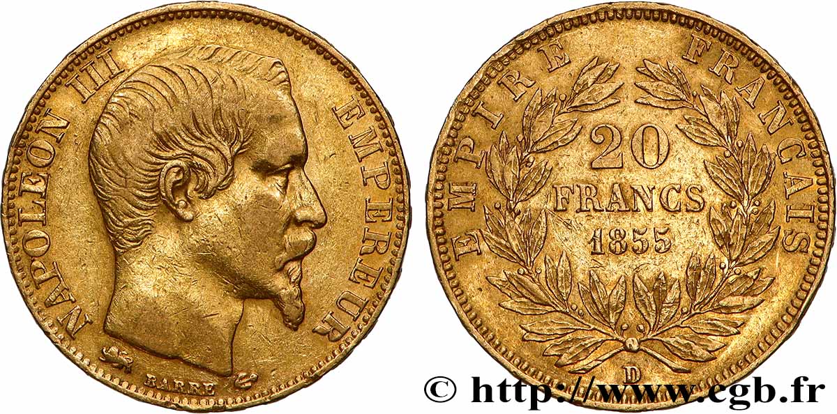 20 francs or Napoléon III, tête nue, Grand Lion 1855 Lyon F.531/8 VF 