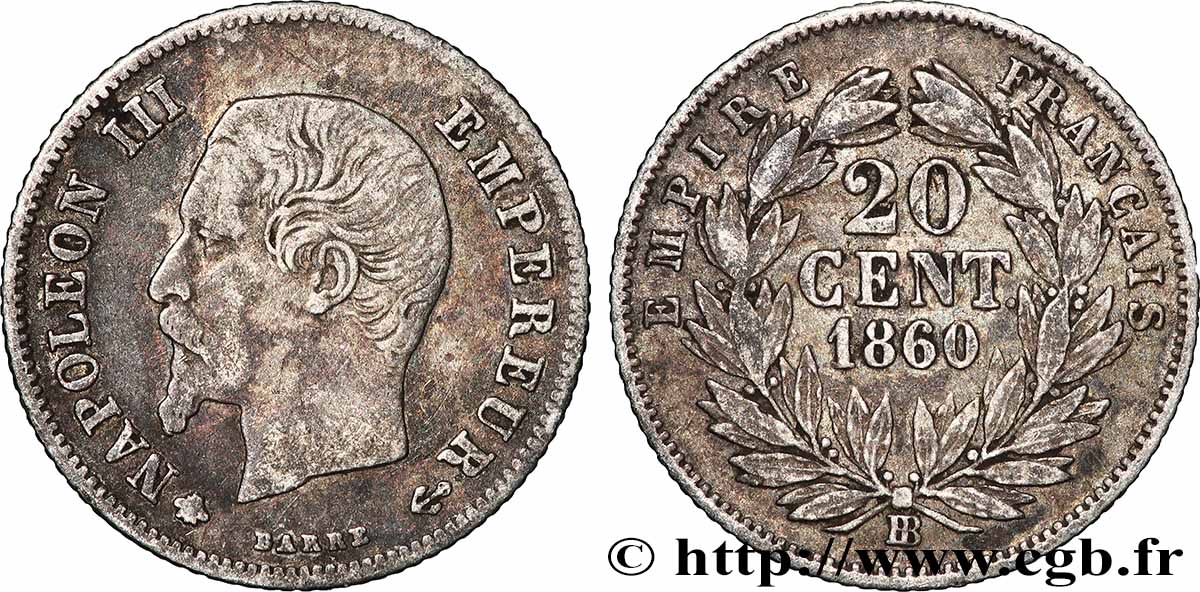 20 centimes Napoléon III, tête nue 1860 Strasbourg F.148/16 q.BB 