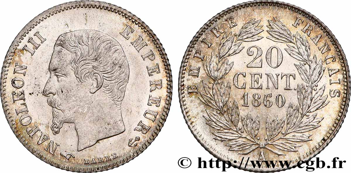 20 centimes Napoléon III, tête nue 1860 Paris F.148/13 MS63 
