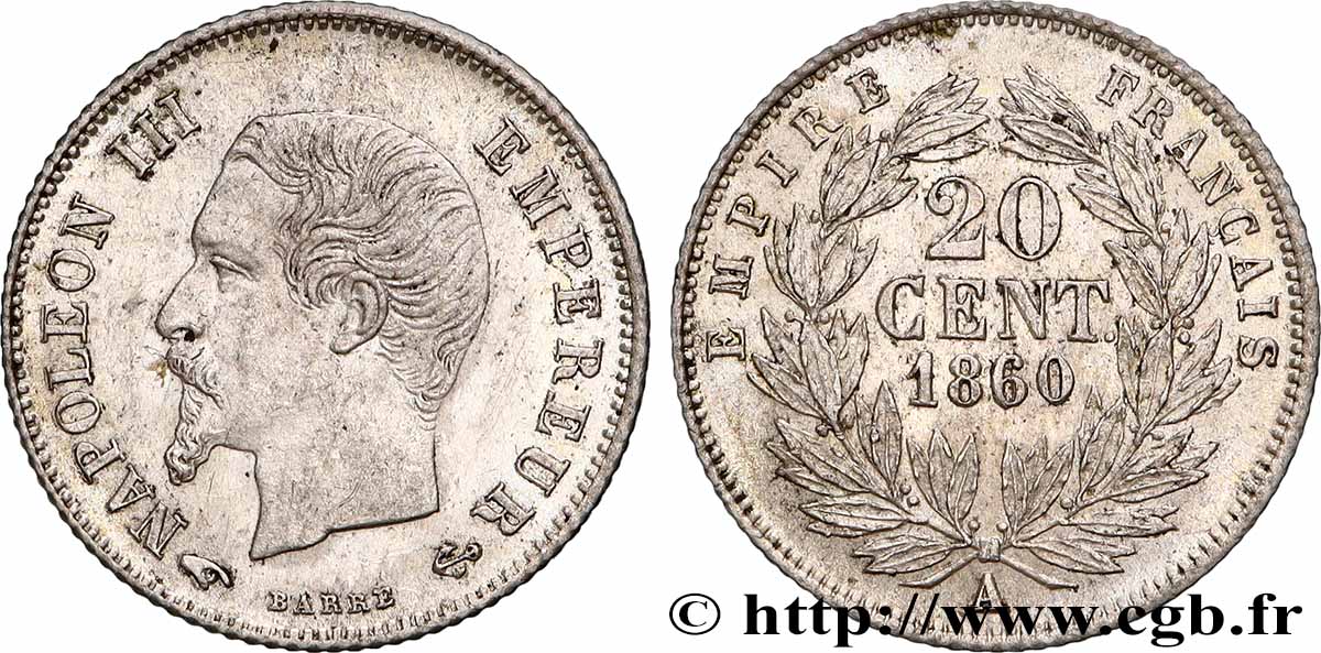 20 centimes Napoléon III, tête nue 1860 Paris F.148/13 SPL+ 