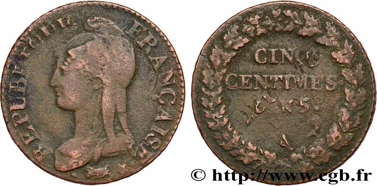 Cinq centimes Dupré, grand module, &nbsp;refrappage&nbsp; du décime 1797 Paris F.114/1 TB 