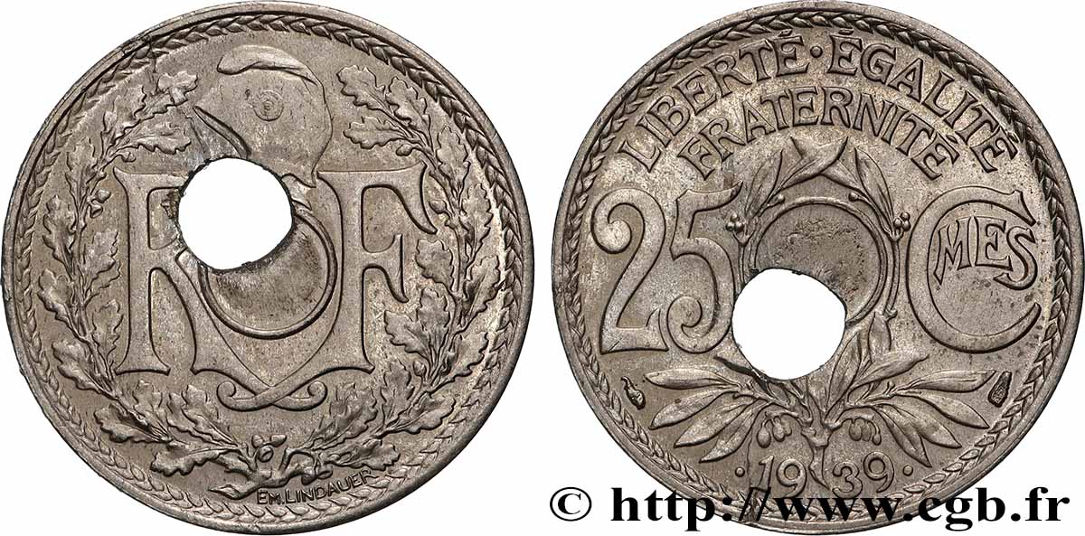 25 centimes Lindauer, maillechort, trou décentré 1939  F.172/3 var. SUP 