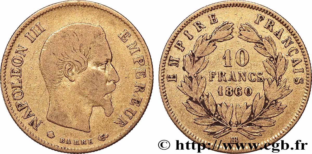 10 francs or Napoléon III, tête nue 1860 Strasbourg F.506/11 MB 