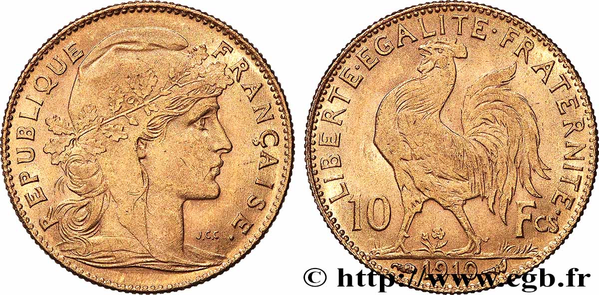 10 francs or Coq 1910 Paris F.509/11 MBC 