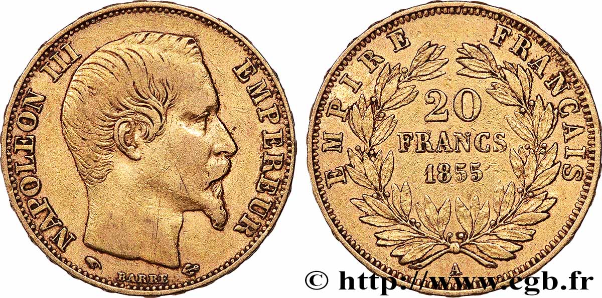 20 francs or Napoléon III, tête nue 1855 Paris F.531/4 VF 