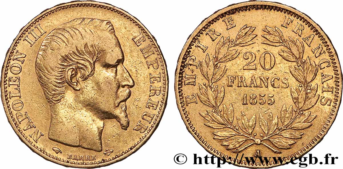 20 francs or Napoléon III, tête nue 1855 Paris F.531/4 TB+ 