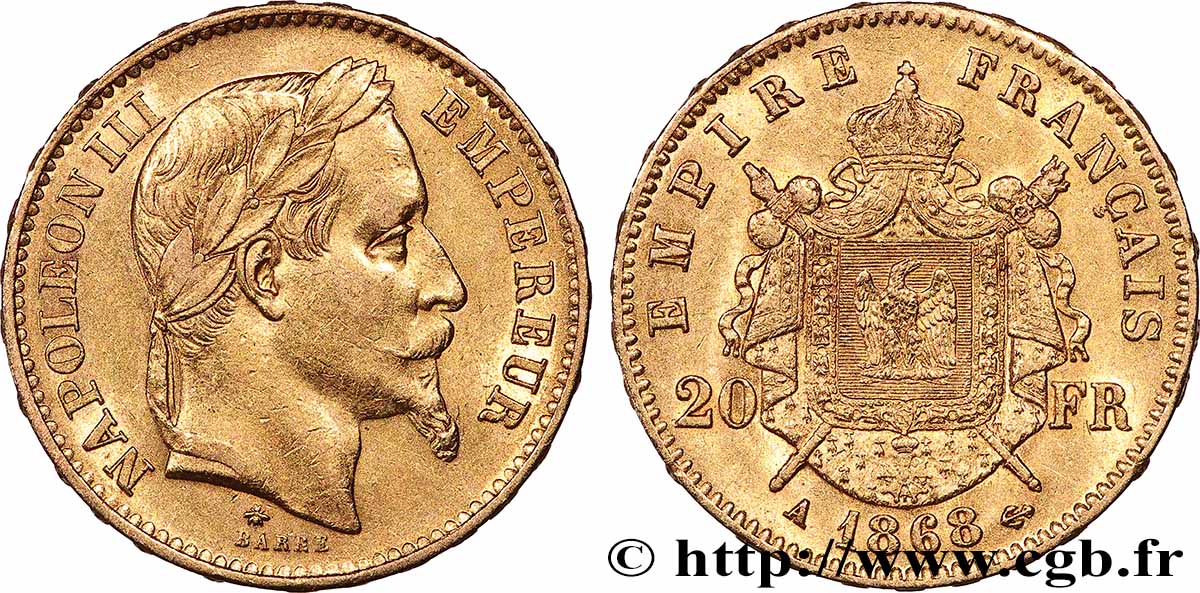 20 francs or Napoléon III, tête laurée 1868 Paris F.532/18 SUP 
