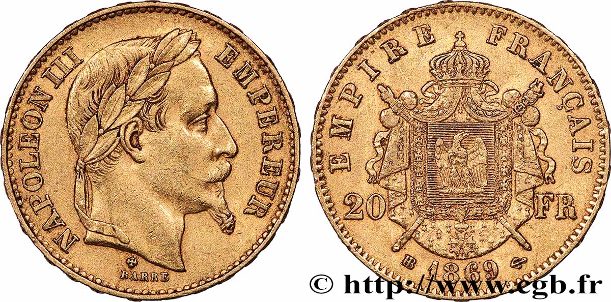20 francs or Napoléon III, tête laurée, petit BB 1869 Strasbourg F.532/21 fVZ 