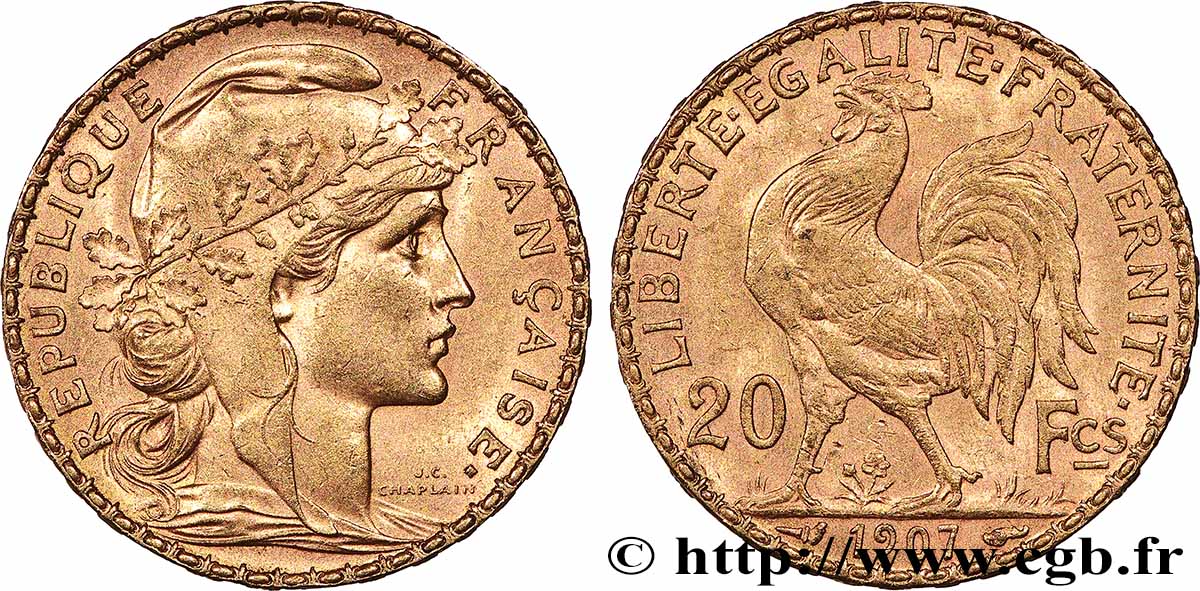20 francs or Coq, Liberté Égalité Fraternité 1907 Paris F.535/1 AU 