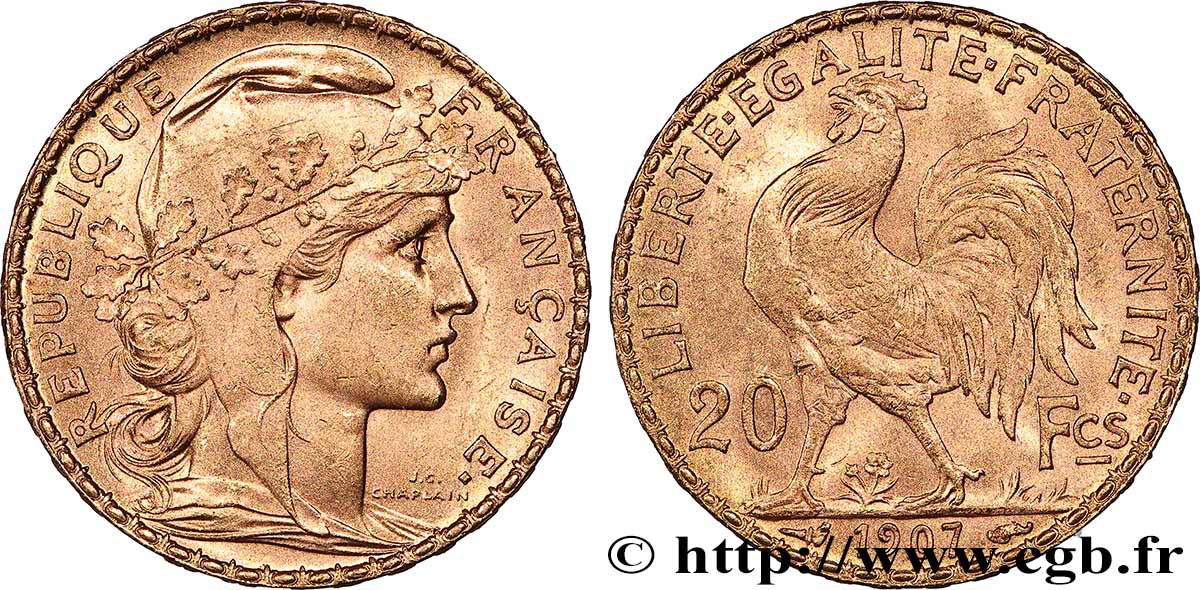 20 francs or Coq, Liberté Égalité Fraternité 1907 Paris F.535/1 SUP 