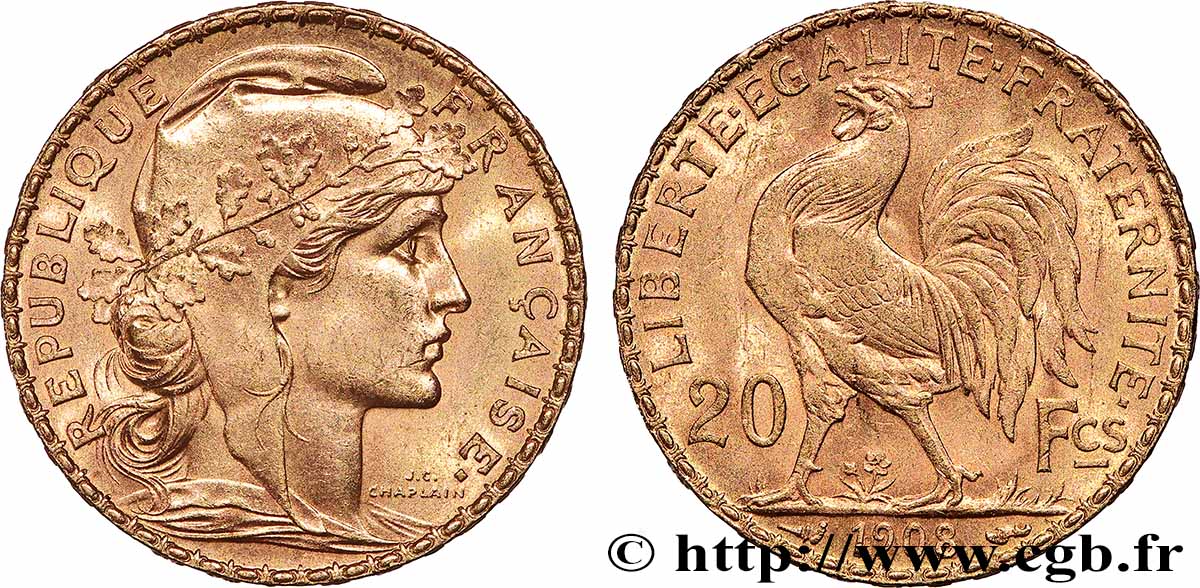 20 francs or Coq, Liberté Égalité Fraternité 1908 Paris F.535/2 SUP 