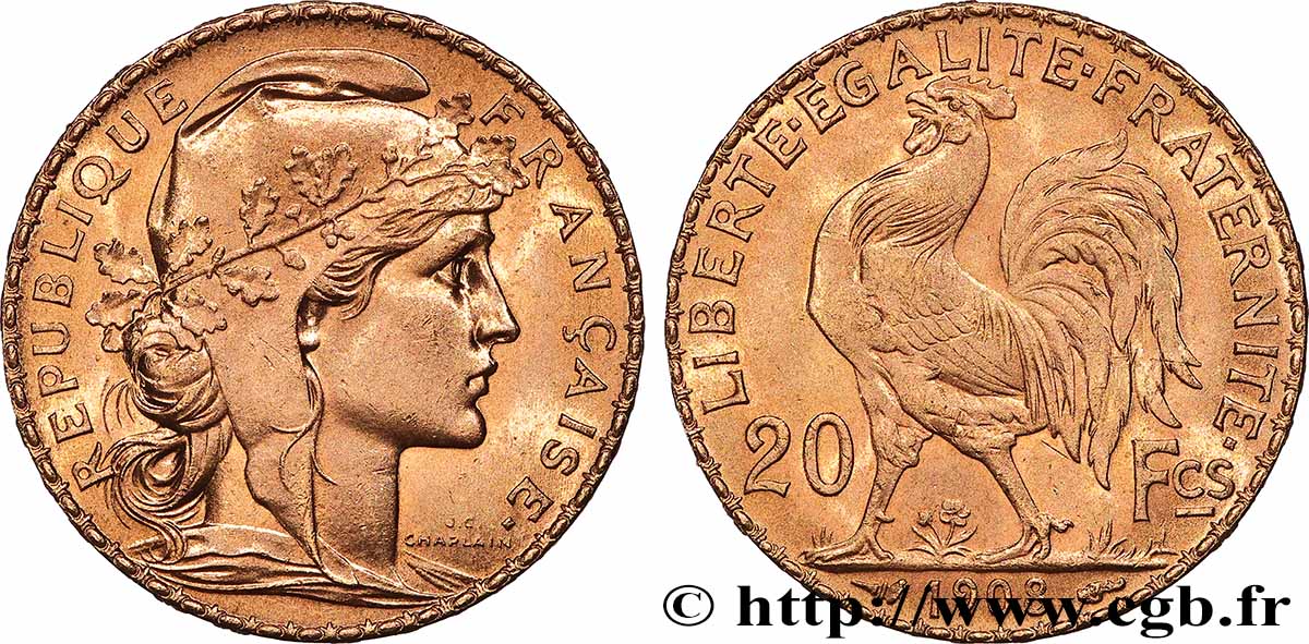 20 francs or Coq, Liberté Égalité Fraternité 1908 Paris F.535/2 VZ+ 
