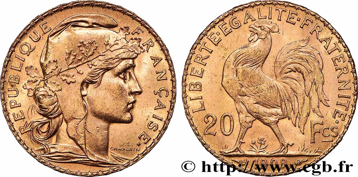 20 francs or Coq, Liberté Égalité Fraternité 1909 Paris F.535/3 VZ 