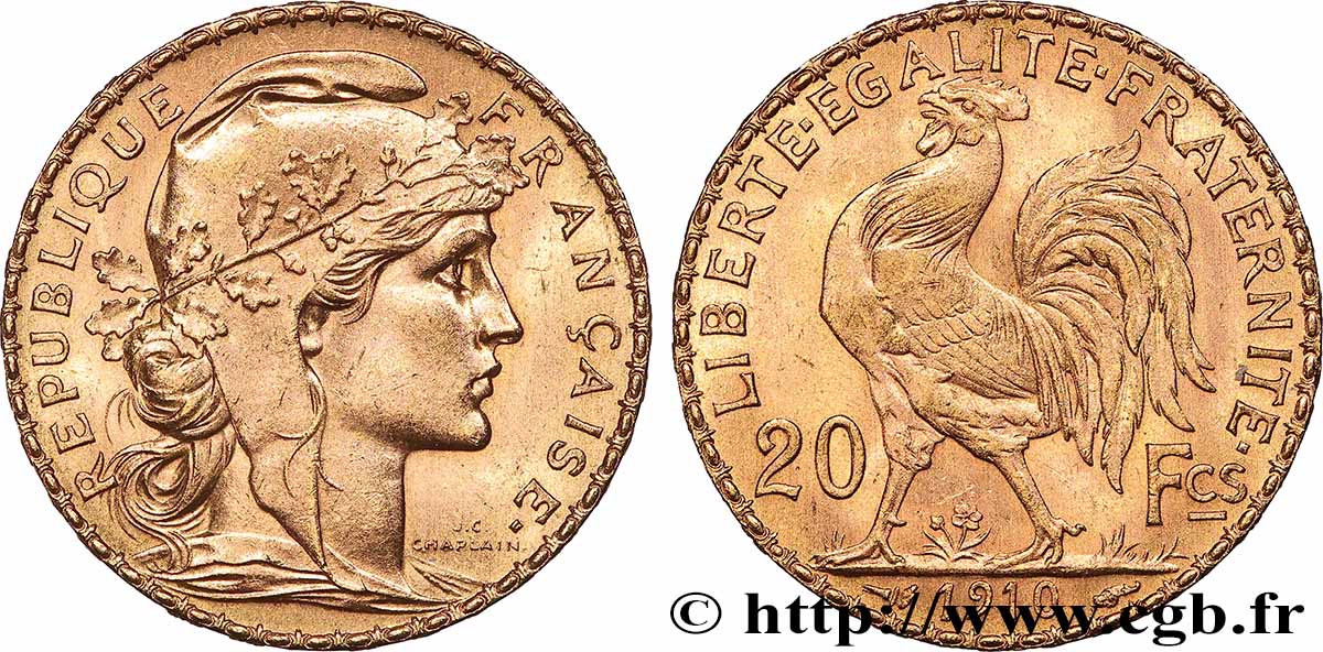 20 francs or Coq, Liberté Égalité Fraternité 1910 Paris F.535/4 SUP 