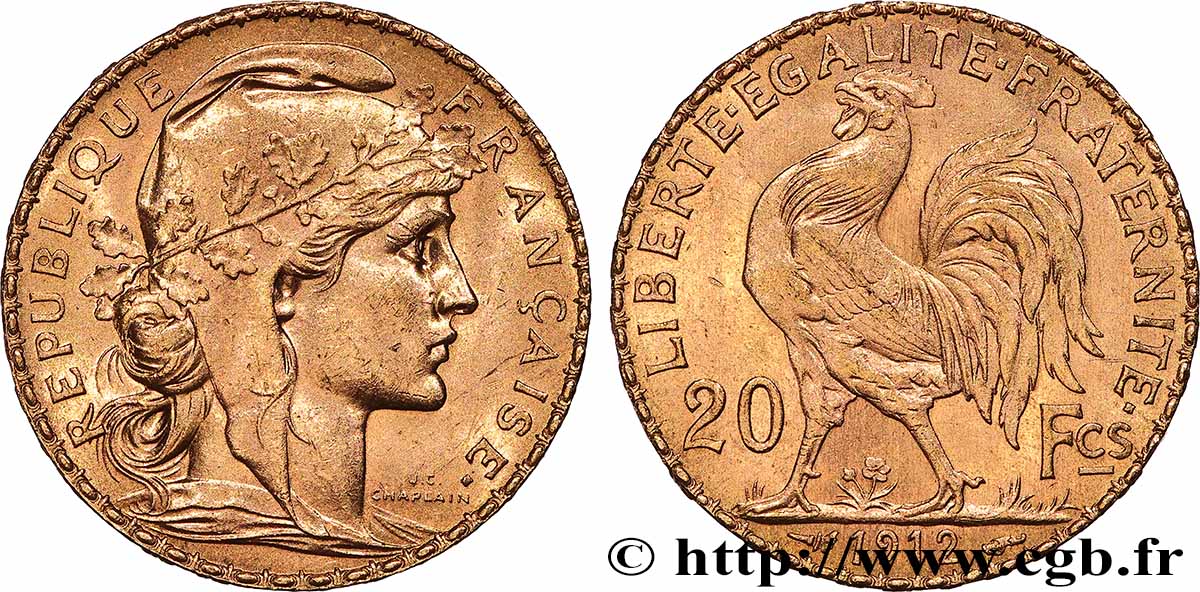 20 francs or Coq, Liberté Égalité Fraternité 1912 Paris F.535/6 SPL 