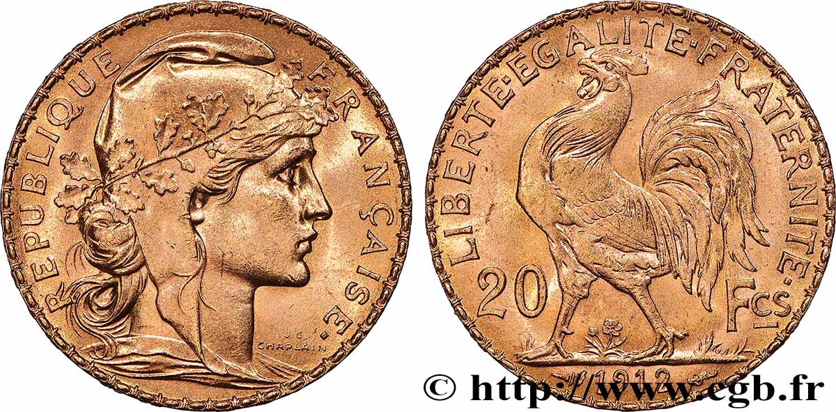 20 francs or Coq, Liberté Égalité Fraternité 1912 Paris F.535/6 SPL 