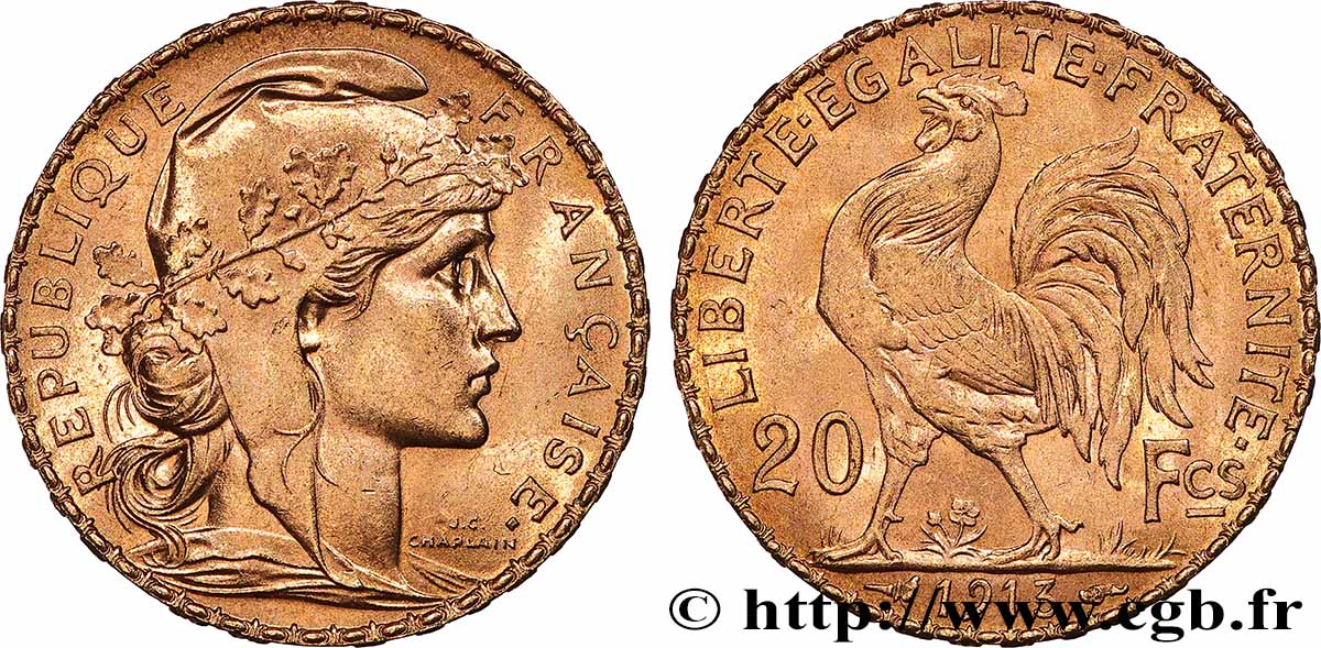 20 francs or Coq, Liberté Égalité Fraternité 1913 Paris F.535/7 MS 