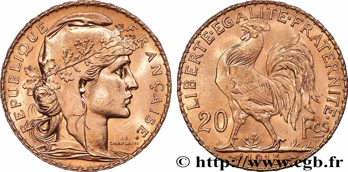 20 francs or Coq, Liberté Égalité Fraternité 1913 Paris F.535/7 SUP+ 