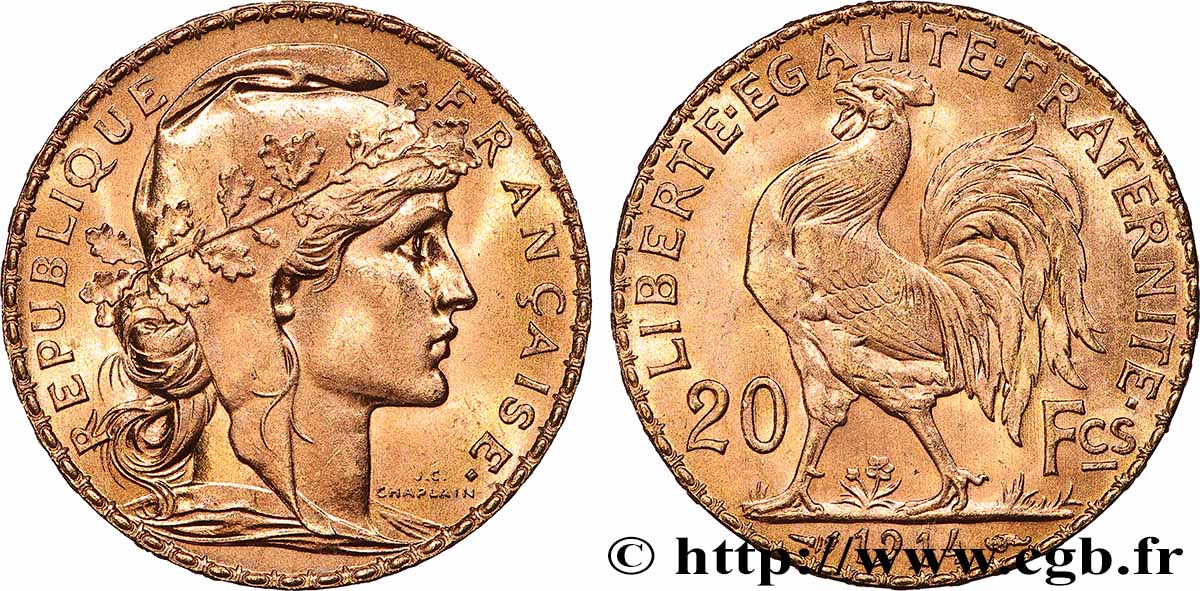 20 francs or Coq, Liberté Égalité Fraternité 1914 Paris F.535/8 SUP 