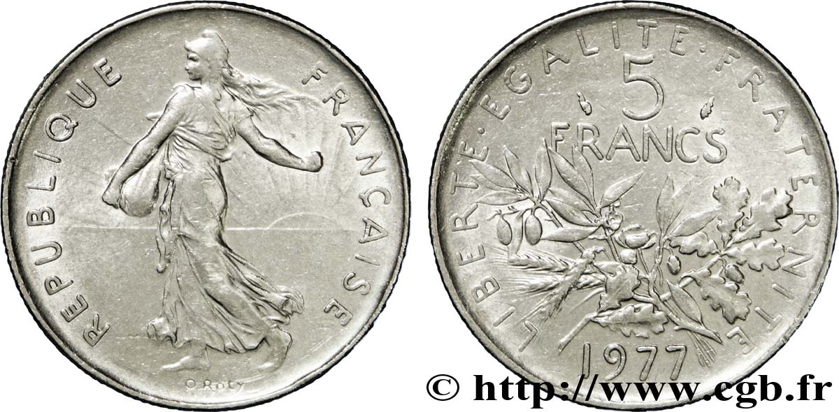 5 francs Semeuse, nickel 1977 Pessac F.341/9 AU50 
