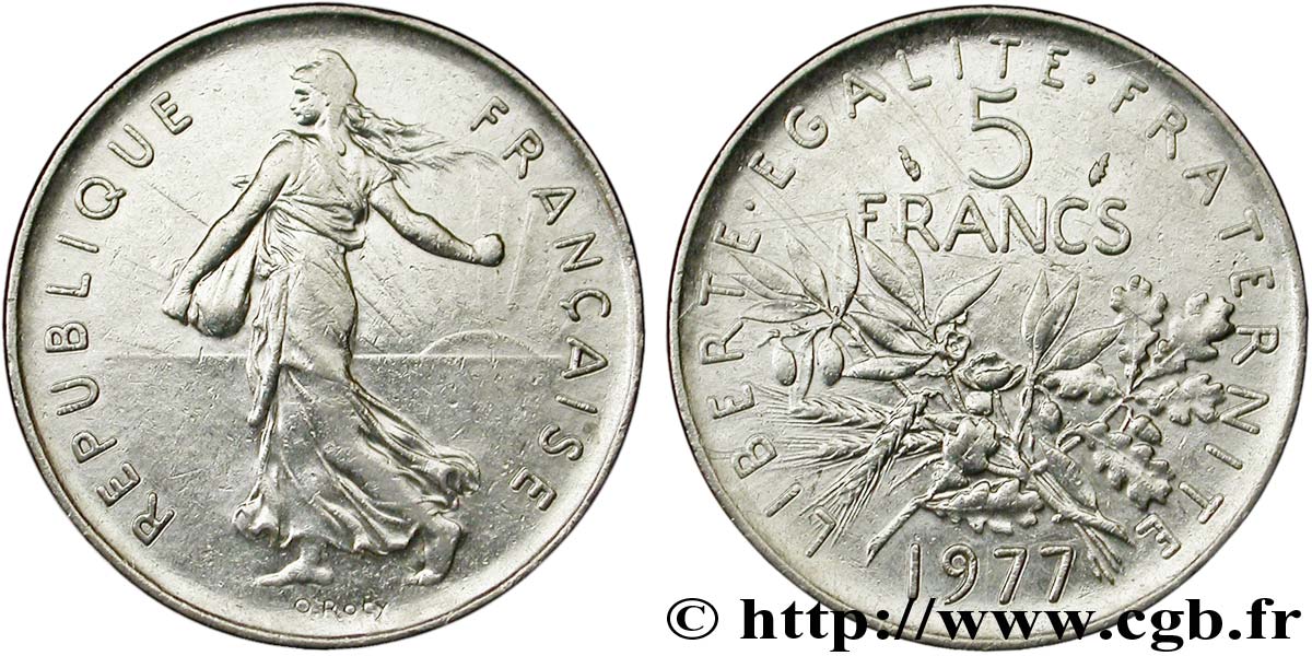5 francs Semeuse, nickel 1977 Pessac F.341/9 AU55 