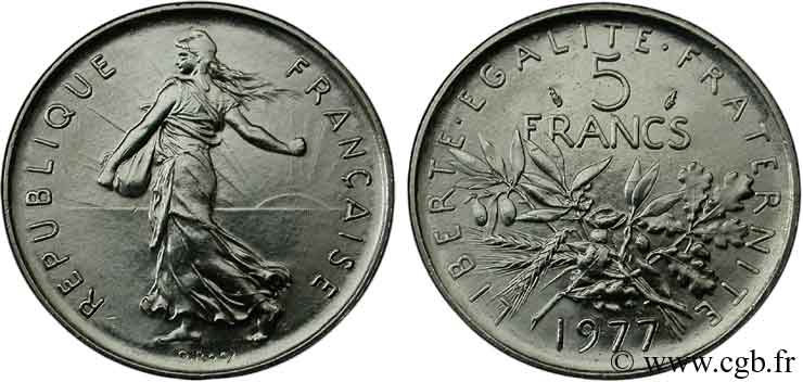 5 francs Semeuse, nickel 1977 Pessac F.341/9 MS65 