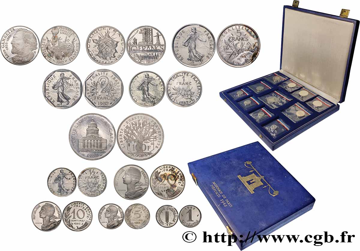 Coffret de 11 piéforts argent : 100, 10x2, 5, 2, 1 et 1/2 franc(s) et 20, 10, 5 et 1 centime(s) 1982 Pessac GEM.292 CPA14 ST 