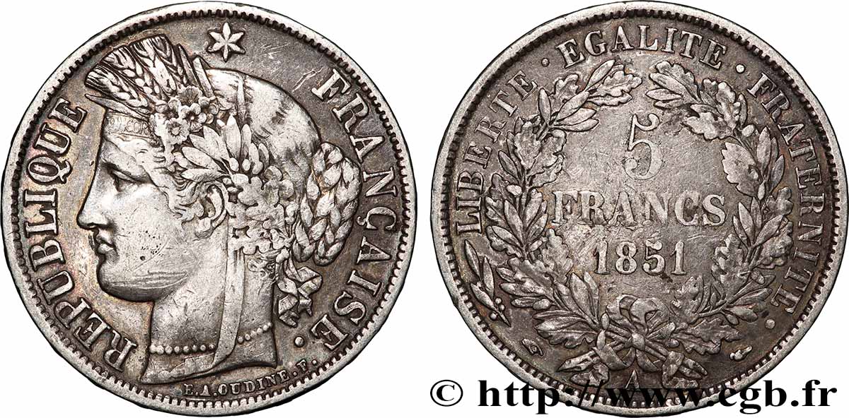 5 francs Cérès, IIe République 1851 Paris F.327/7 TB+ 