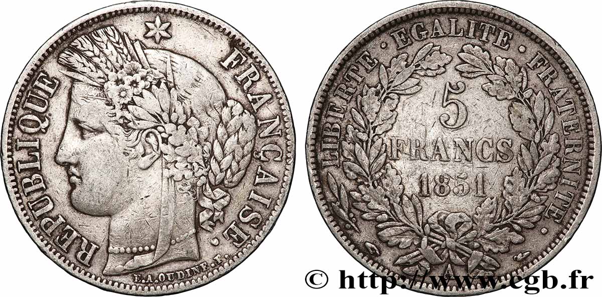 5 francs Cérès, IIe République 1851 Paris F.327/7 TB+ 